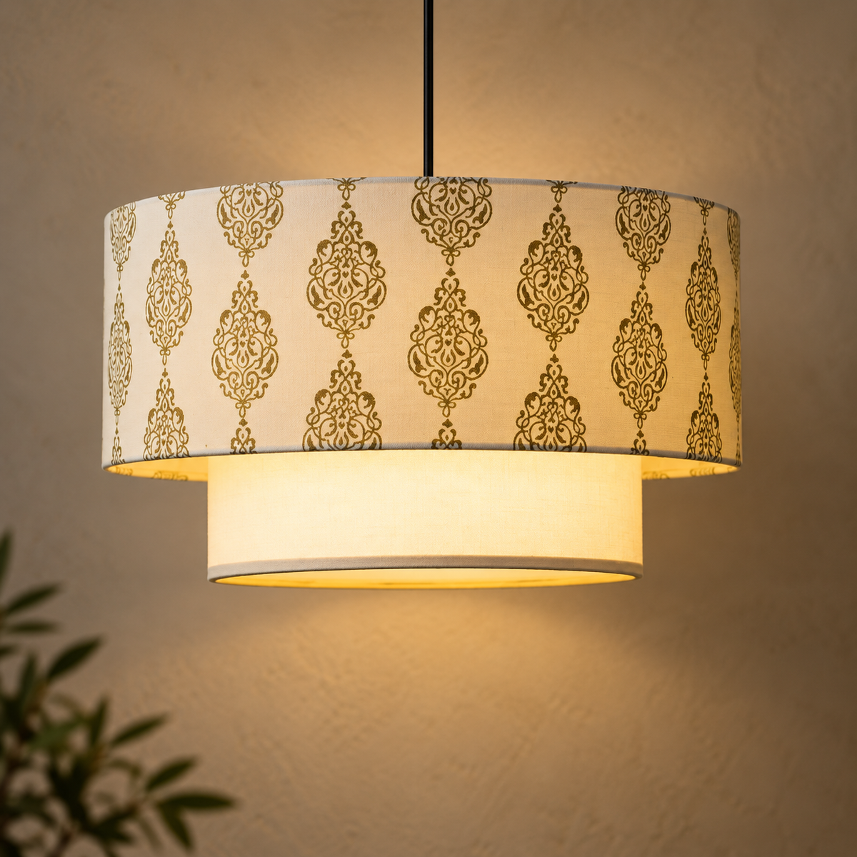 Gulika Blockprint Pendant Lamp | Off-White Hand Block Printed Fabric Hanging Light | Artisan Ambient Lighting
