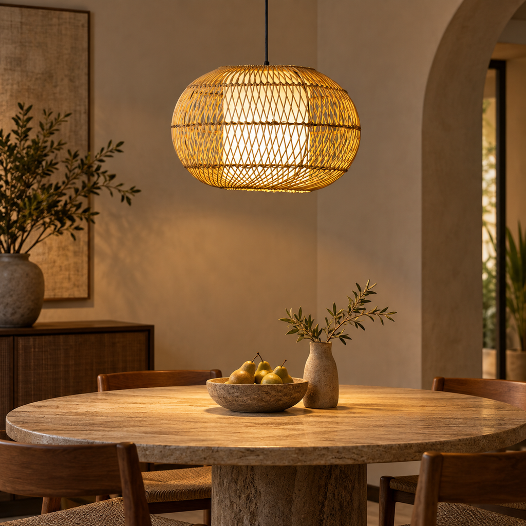 Mabel Caneweave Pendant Lamp | Natural Cane & Poplin Fabric Hanging Light | Elegant Ambient Lighting