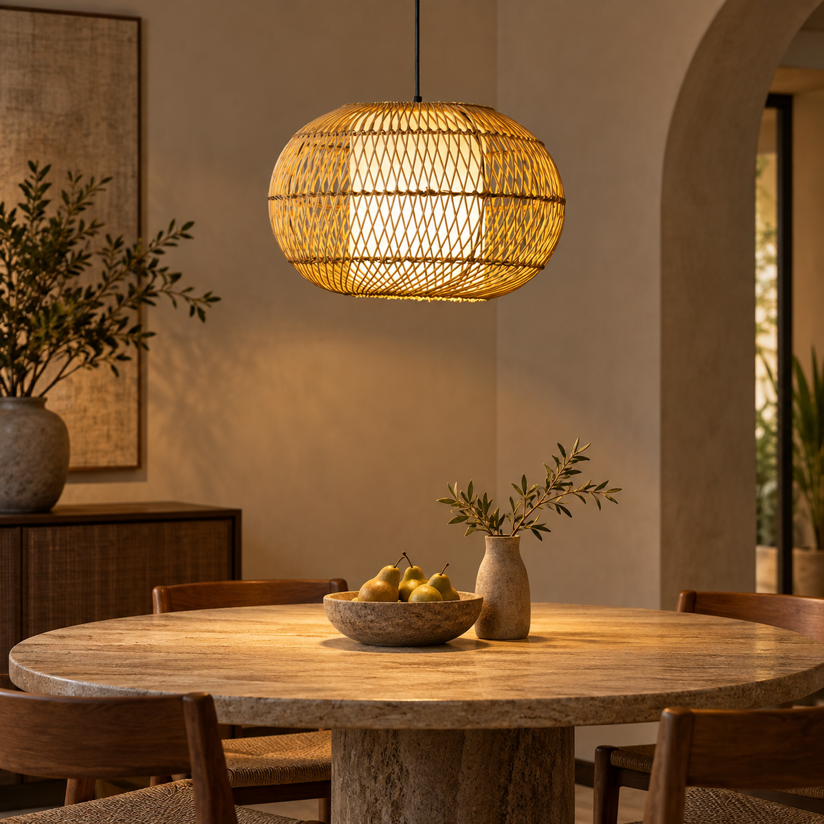 Mabel Caneweave Pendant Lamp | Natural Cane & Poplin Fabric Hanging Light | Elegant Ambient Lighting