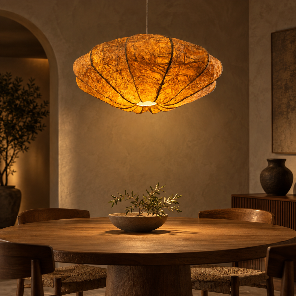 Chandra Aurora Pendant Lamp | Natural Banana Fiber Paper Hanging Light | Moon-Inspired Ambient Lighting