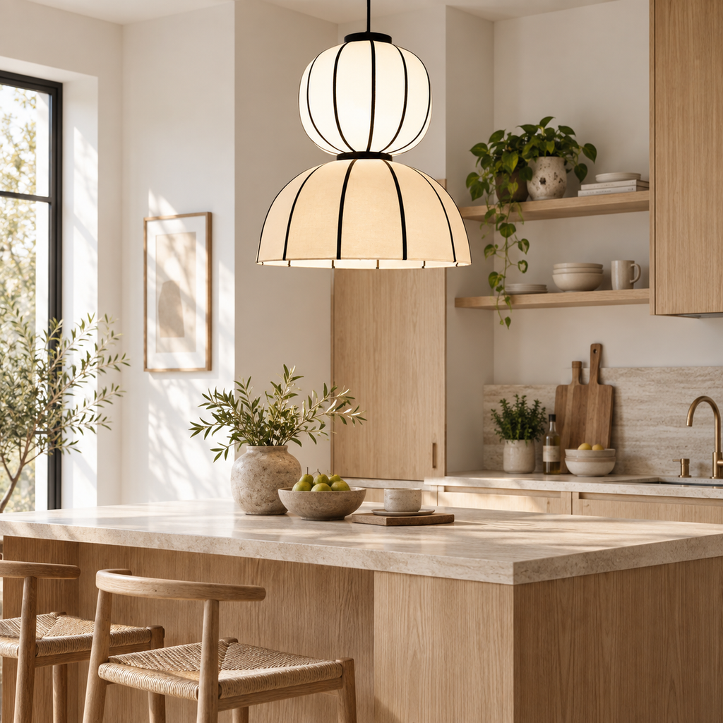 Alora Lantern Pendant Lamp | Off-White Poplin Fabric Hanging Light | Modern Black Detail Lighting