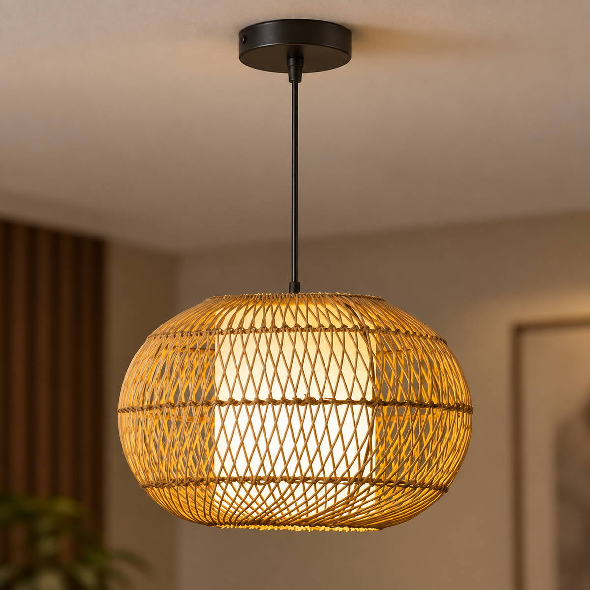 Mabel Caneweave Pendant Lamp | Natural Cane & Poplin Fabric Hanging Light | Elegant Ambient Lighting