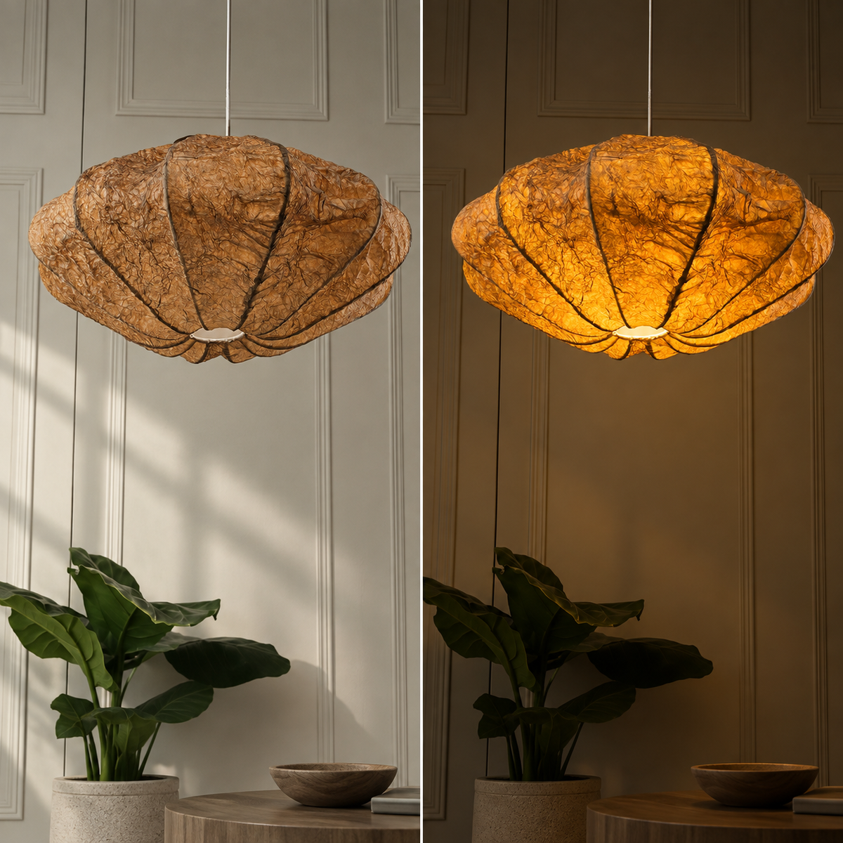 Chandra Aurora Pendant Lamp | Natural Banana Fiber Paper Hanging Light | Moon-Inspired Ambient Lighting