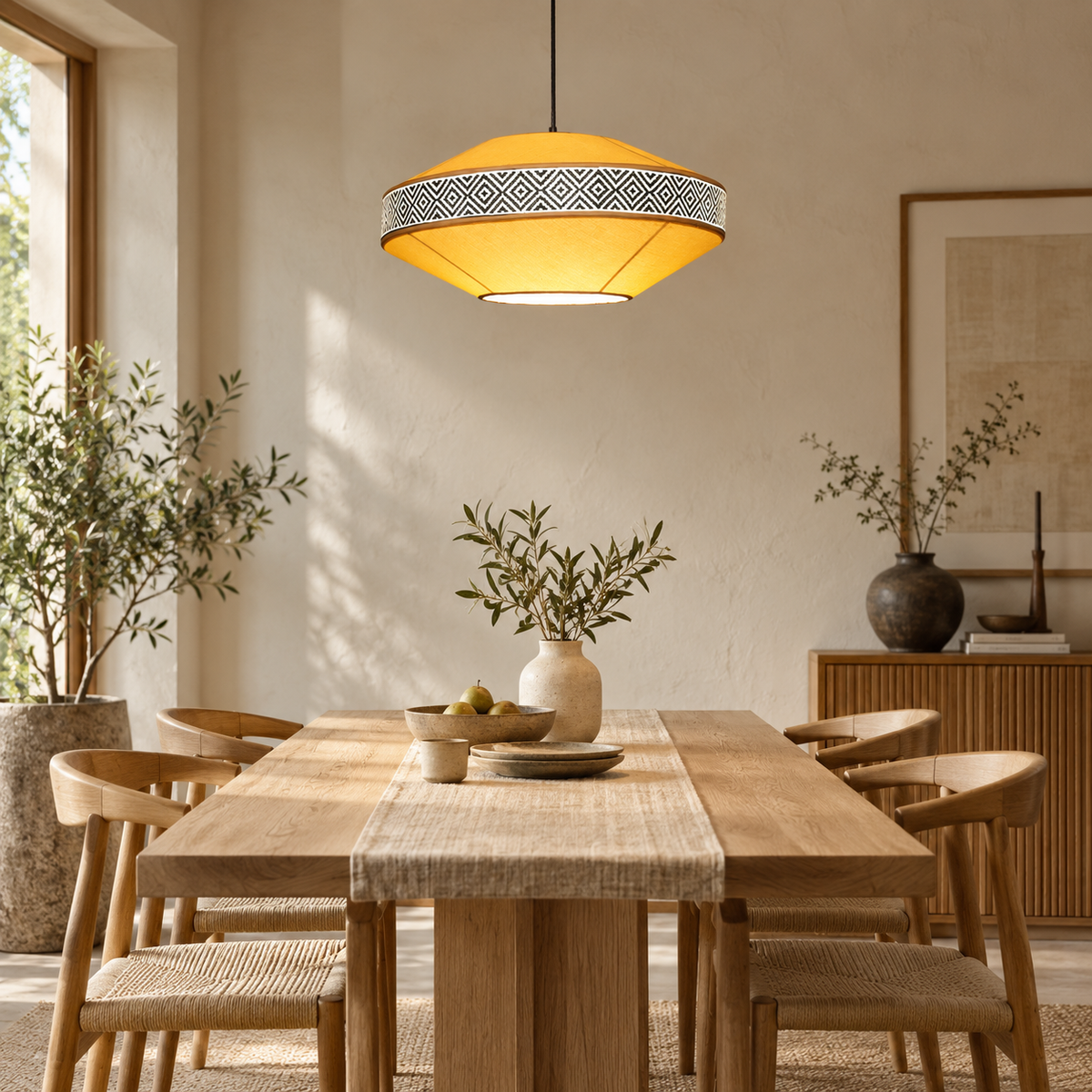 Taara Blockprint Pendant Lamp | Warm Yellow Poplin Fabric Hanging Light | Handcrafted Ambient Décor