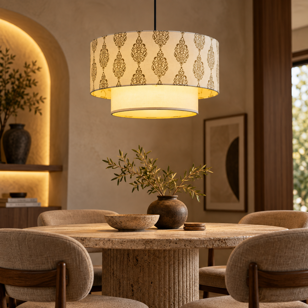 Gulika Blockprint Pendant Lamp | Off-White Hand Block Printed Fabric Hanging Light | Artisan Ambient Lighting