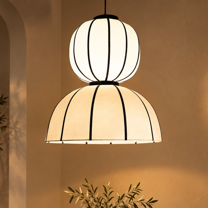 Alora Lantern Pendant Lamp | Off-White Poplin Fabric Hanging Light | Modern Black Detail Lighting