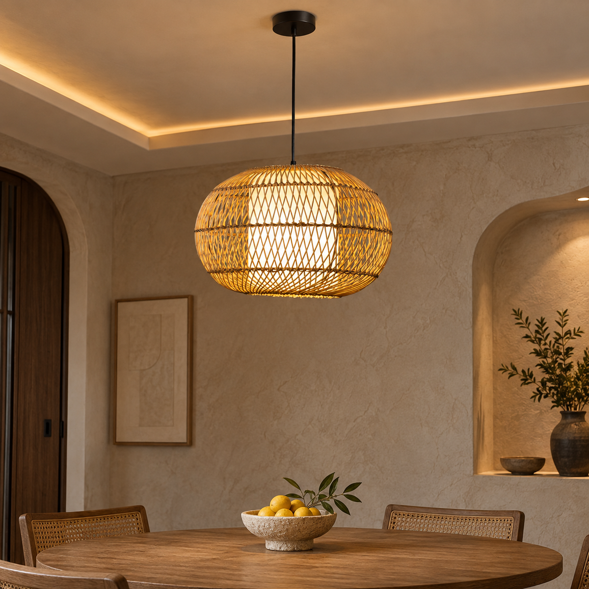 Mabel Caneweave Pendant Lamp | Natural Cane & Poplin Fabric Hanging Light | Elegant Ambient Lighting