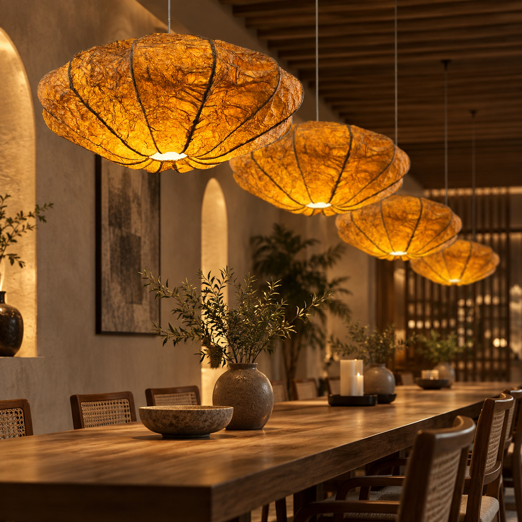 Chandra Aurora Pendant Lamp | Natural Banana Fiber Paper Hanging Light | Moon-Inspired Ambient Lighting