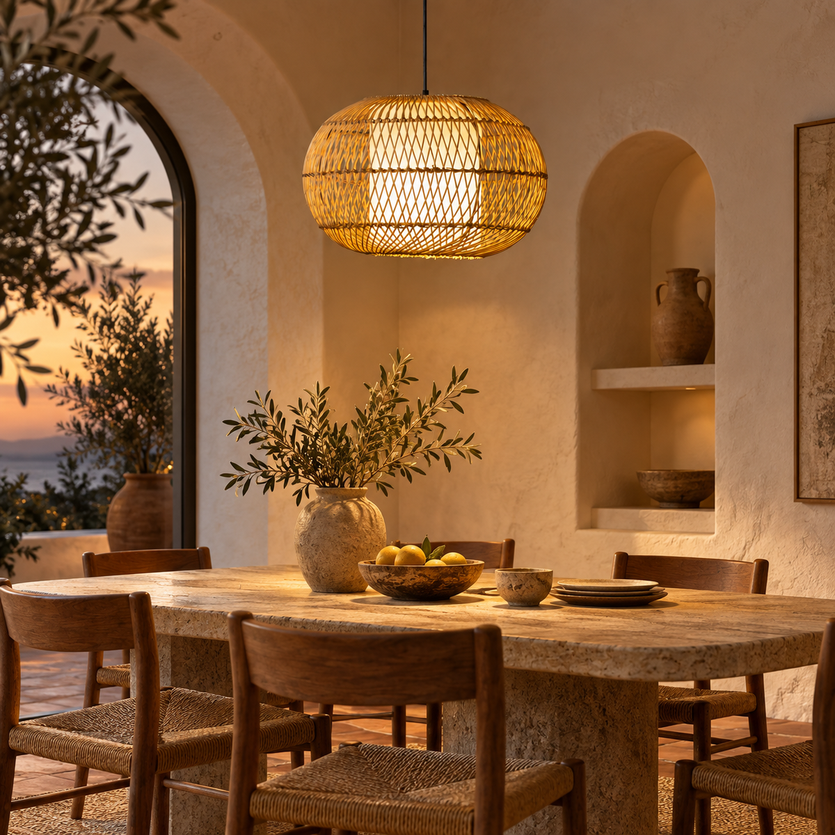 Mabel Caneweave Pendant Lamp | Natural Cane & Poplin Fabric Hanging Light | Elegant Ambient Lighting