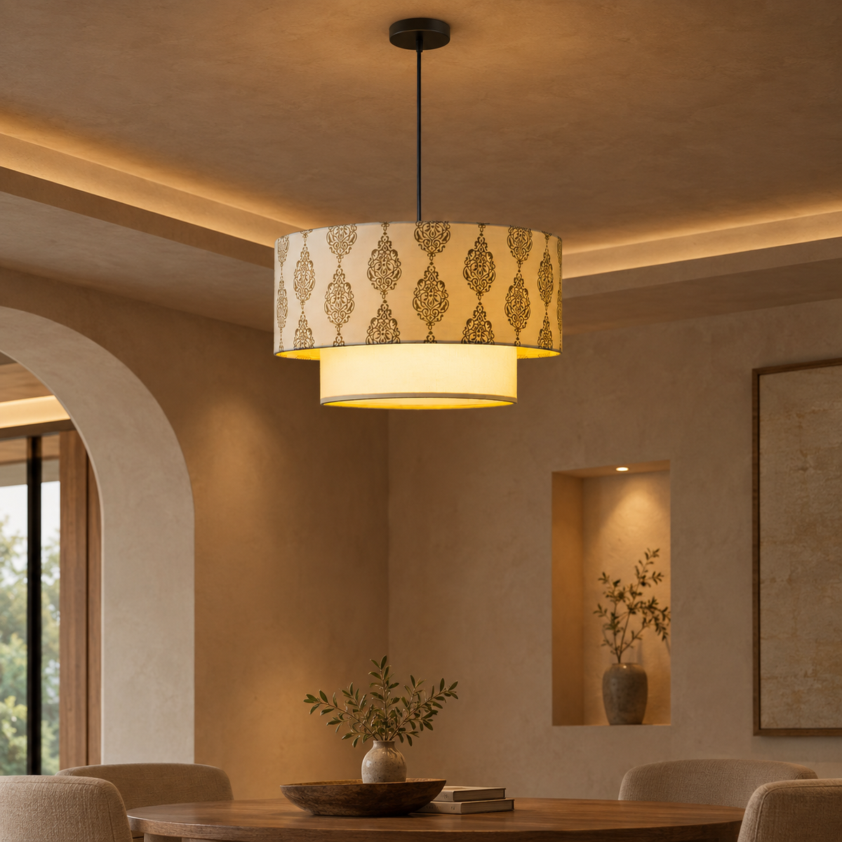 Gulika Blockprint Pendant Lamp | Off-White Hand Block Printed Fabric Hanging Light | Artisan Ambient Lighting