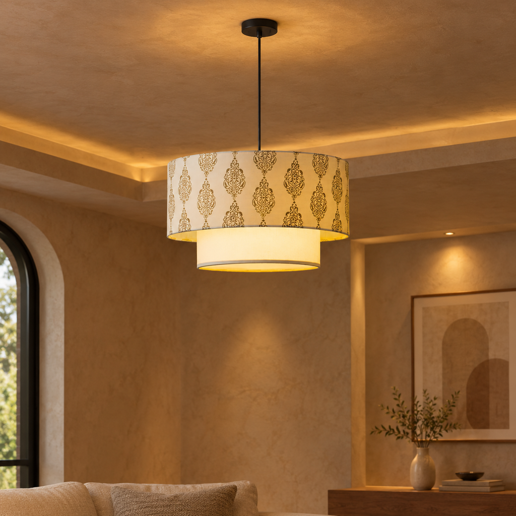 Gulika Blockprint Pendant Lamp | Off-White Hand Block Printed Fabric Hanging Light | Artisan Ambient Lighting