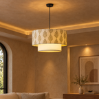 Gulika Blockprint Pendant Lamp | Off-White Hand Block Printed Fabric Hanging Light | Artisan Ambient Lighting
