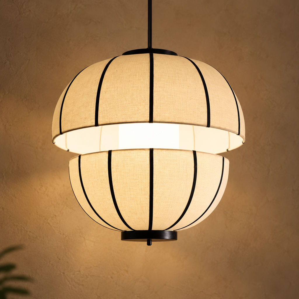Aluna Monochrome Lantern Pendant | Off-White Poplin Hanging Light | Modern E27 Ambient Lighting