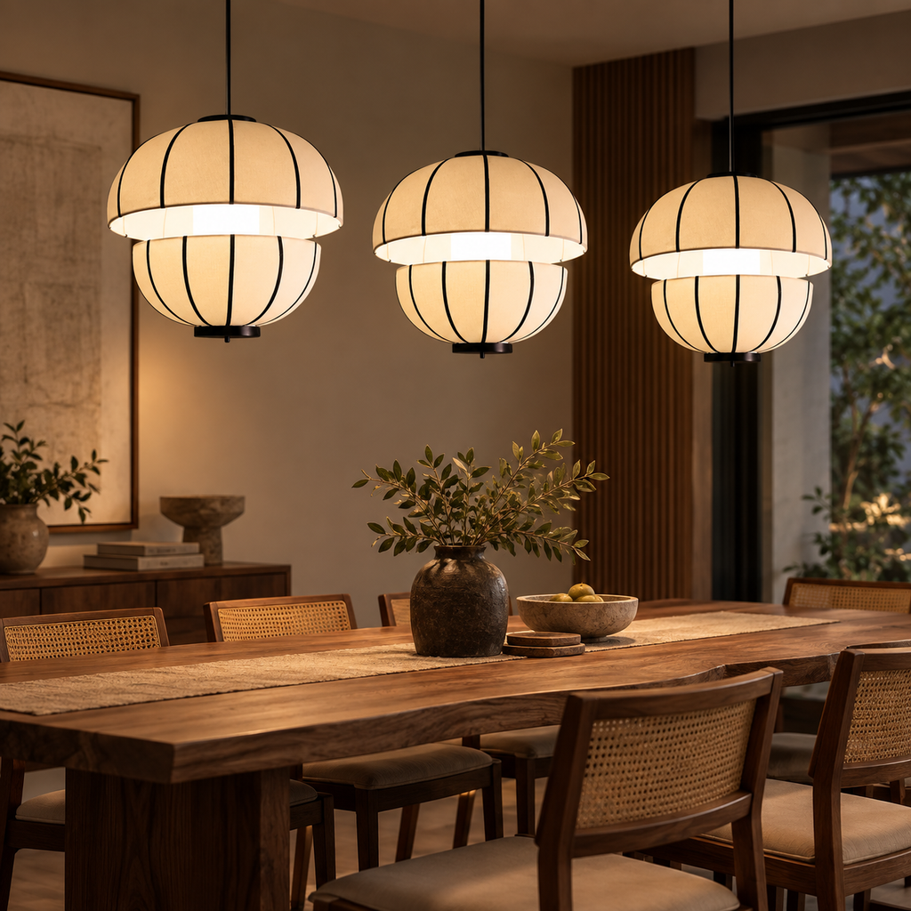 Aluna Monochrome Lantern Pendant | Off-White Poplin Hanging Light | Modern E27 Ambient Lighting