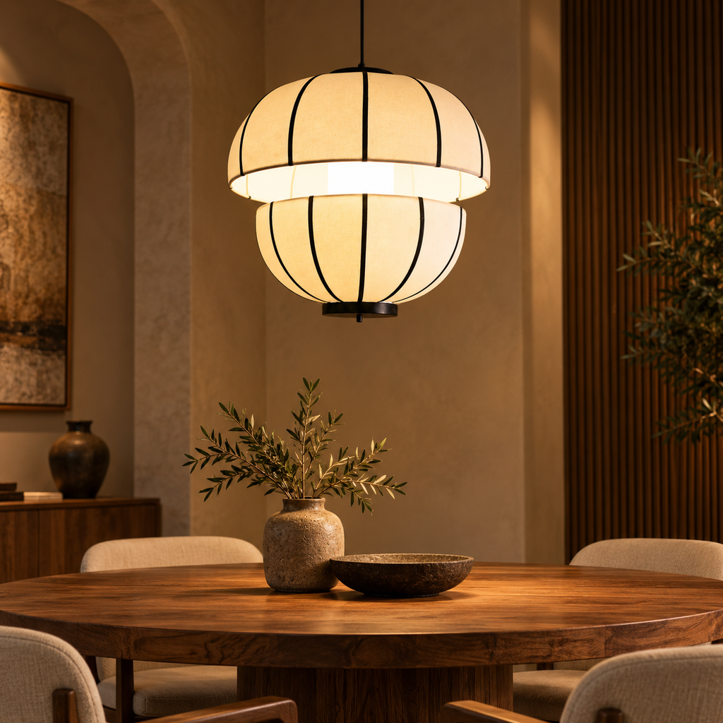 Aluna Monochrome Lantern Pendant | Off-White Poplin Hanging Light | Modern E27 Ambient Lighting