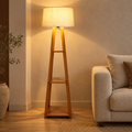 Vedika Teakwood Floor Lamp | Beige Jute Drum Shade | Wooden Standing Light for Living Room & Bedroom
