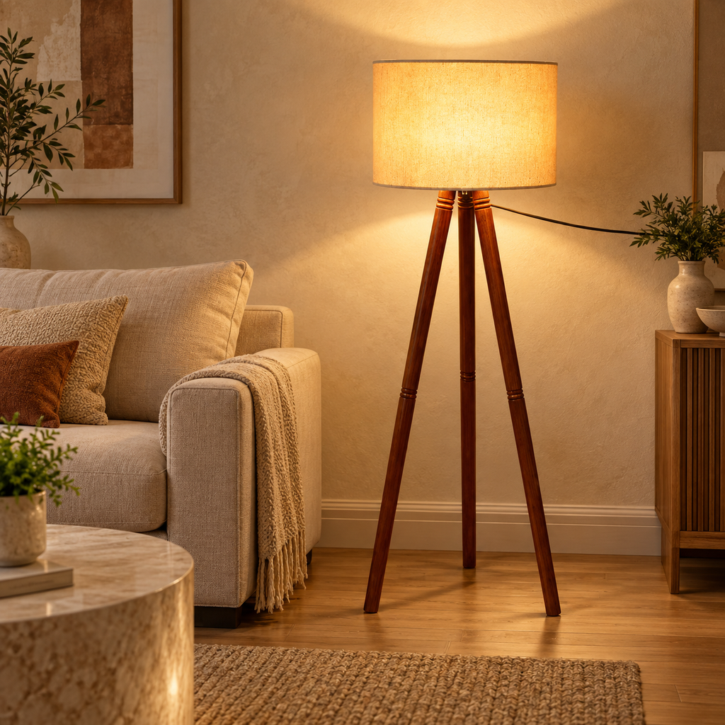 Rivaan Mango Wood Floor Lamp | Round Beige Shade | Wooden Standing Light for Living Room