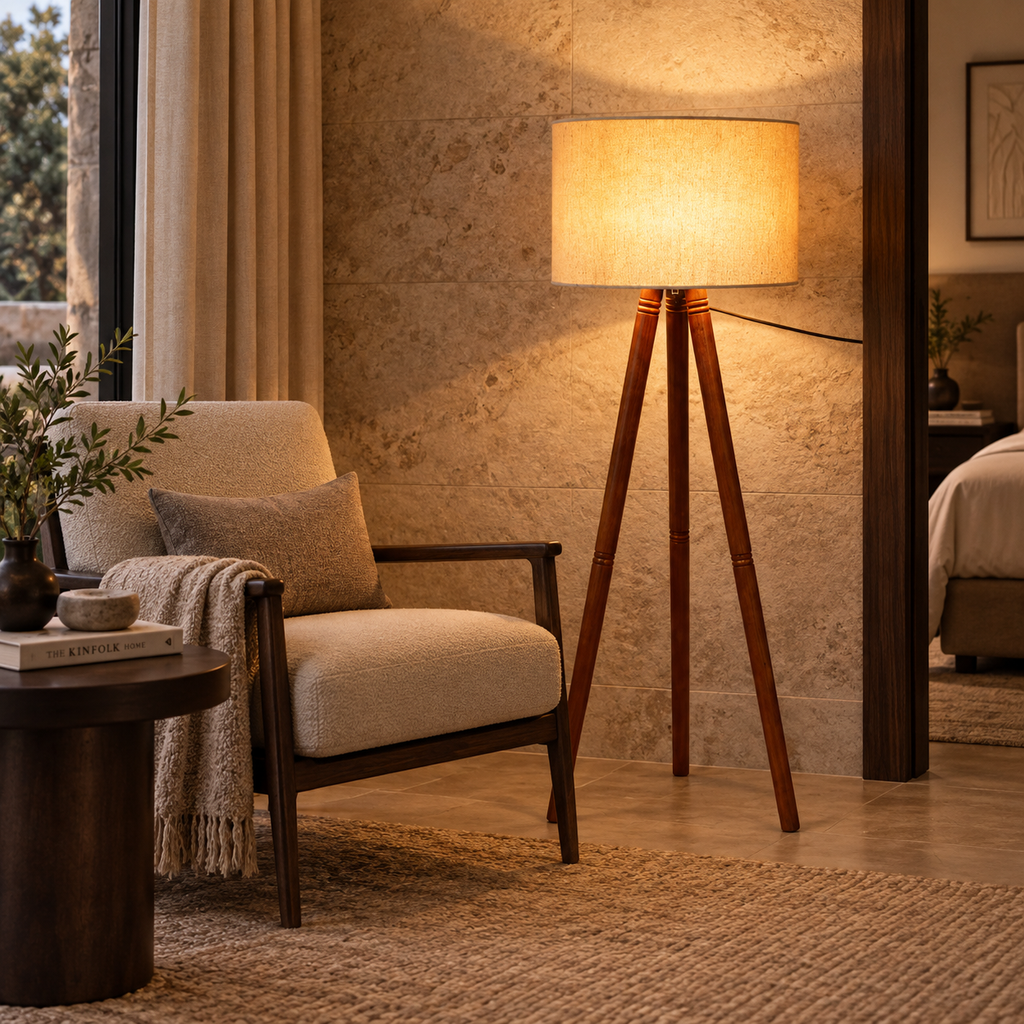 Rivaan Mango Wood Floor Lamp | Round Beige Shade | Wooden Standing Light for Living Room
