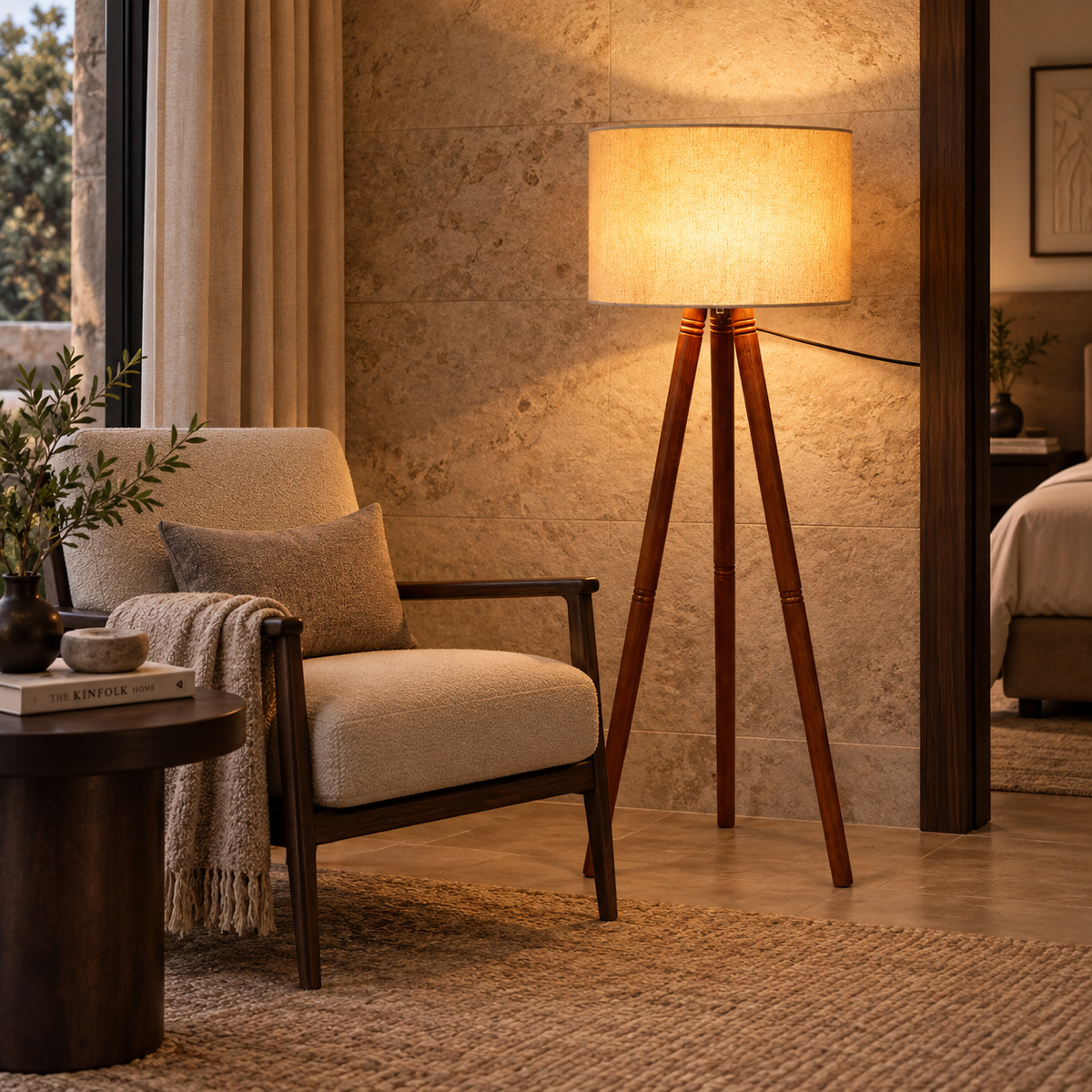 Rivaan Mango Wood Floor Lamp | Round Beige Shade | Wooden Standing Light for Living Room