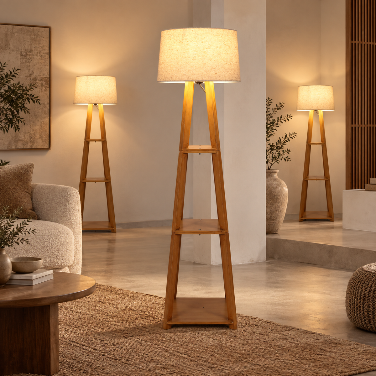 Vedika Teakwood Floor Lamp | Beige Jute Drum Shade | Wooden Standing Light for Living Room & Bedroom