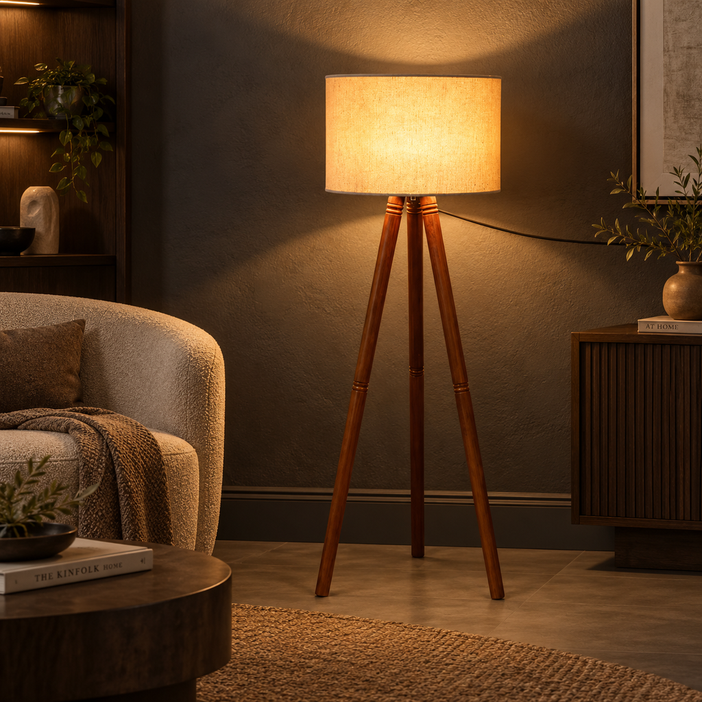 Rivaan Mango Wood Floor Lamp | Round Beige Shade | Wooden Standing Light for Living Room