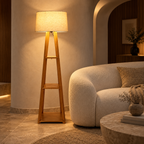 Vedika Teakwood Floor Lamp | Beige Jute Drum Shade | Wooden Standing Light for Living Room & Bedroom