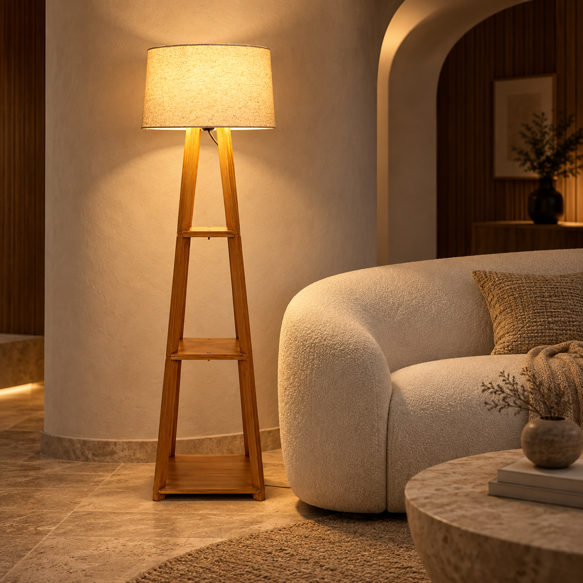 Vedika Teakwood Floor Lamp | Beige Jute Drum Shade | Wooden Standing Light for Living Room & Bedroom