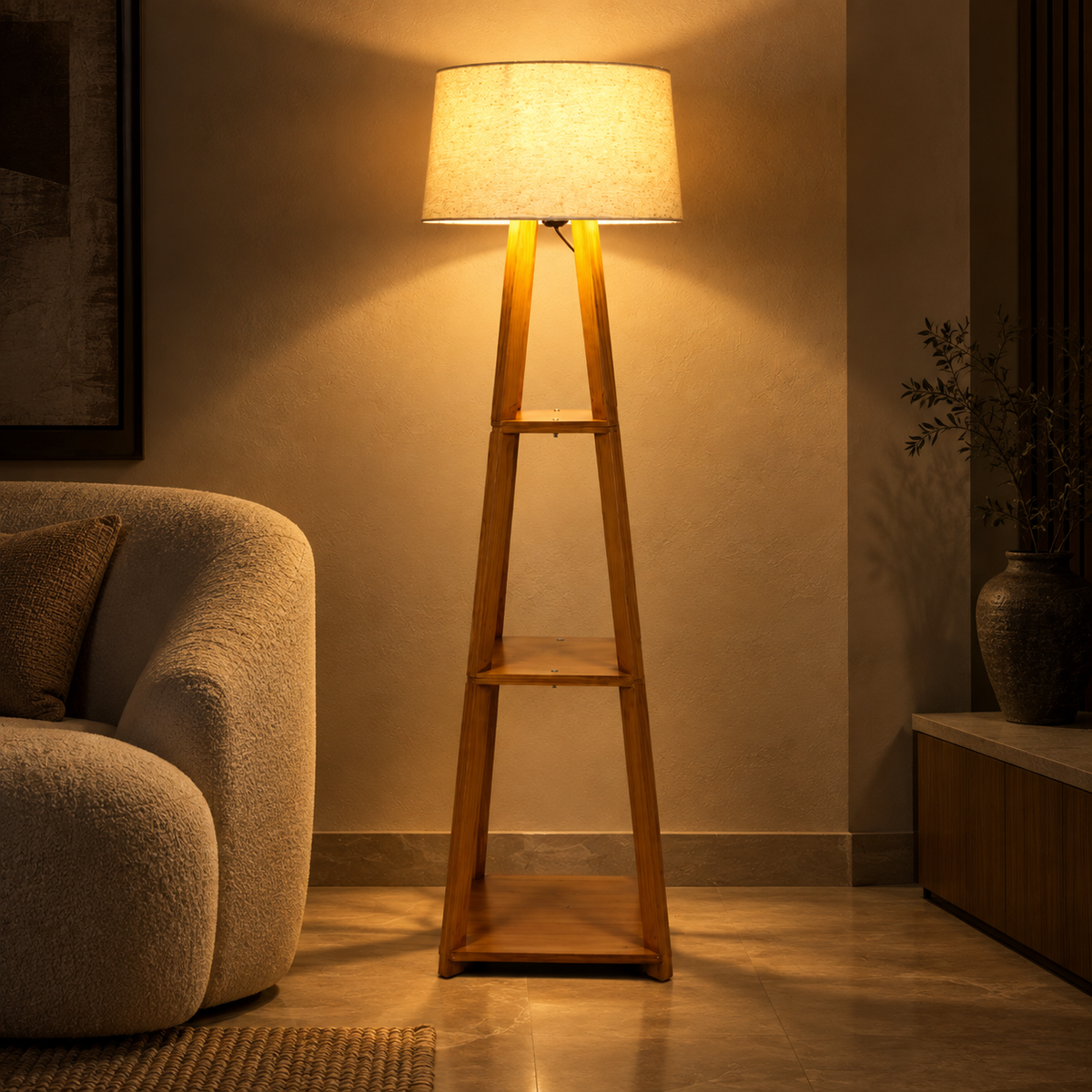 Vedika Teakwood Floor Lamp | Beige Jute Drum Shade | Wooden Standing Light for Living Room & Bedroom