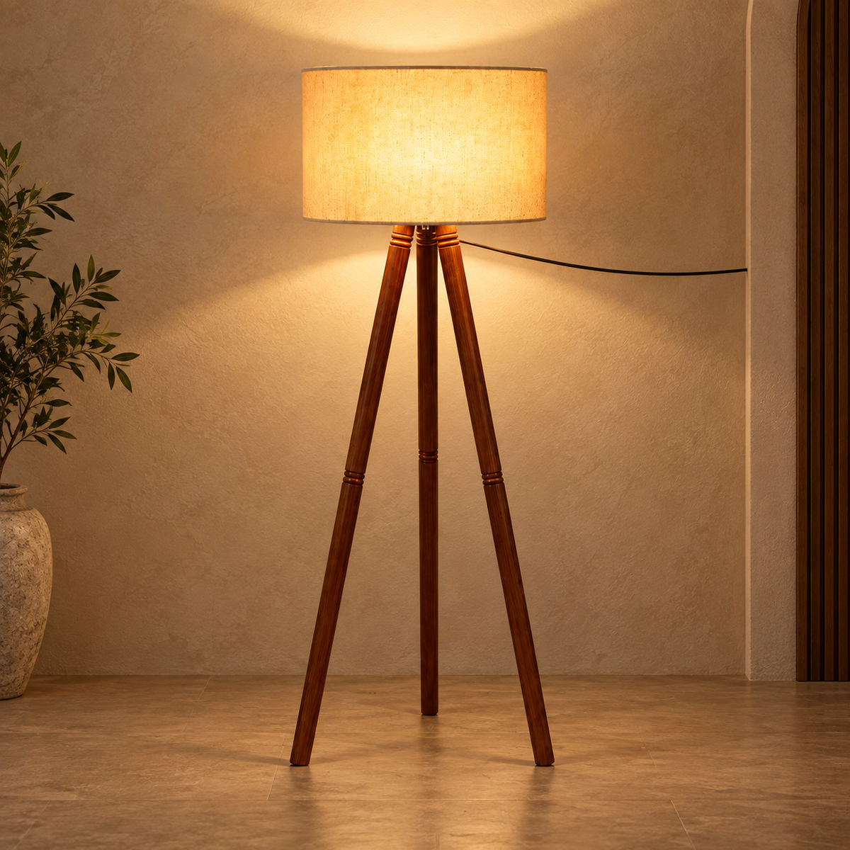 Rivaan Mango Wood Floor Lamp | Round Beige Shade | Wooden Standing Light for Living Room