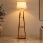Vedika Teakwood Floor Lamp | Beige Jute Drum Shade | Wooden Standing Light for Living Room & Bedroom