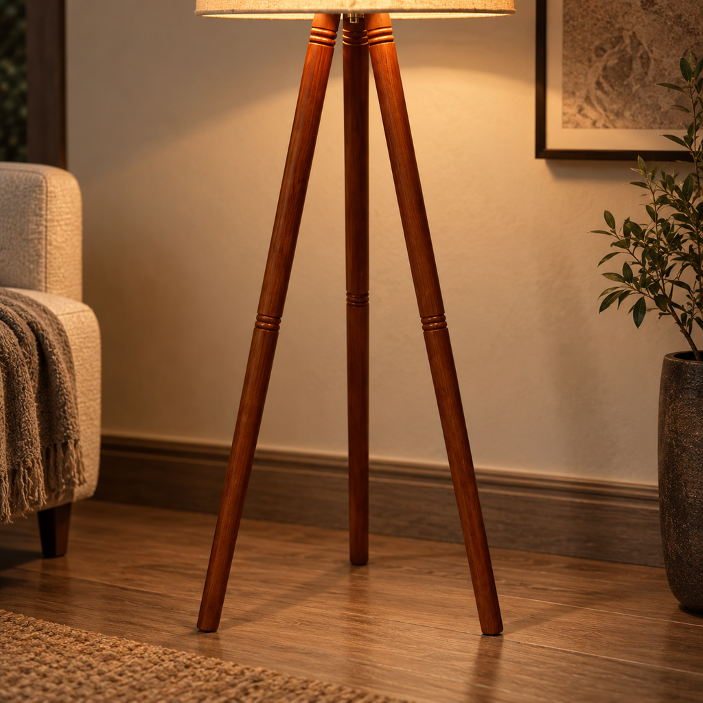 Rivaan Mango Wood Floor Lamp | Round Beige Shade | Wooden Standing Light for Living Room