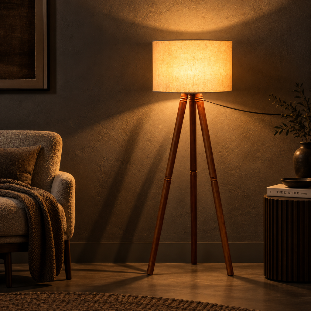 Rivaan Mango Wood Floor Lamp | Round Beige Shade | Wooden Standing Light for Living Room