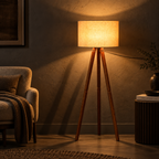 Rivaan Mango Wood Floor Lamp | Round Beige Shade | Wooden Standing Light for Living Room