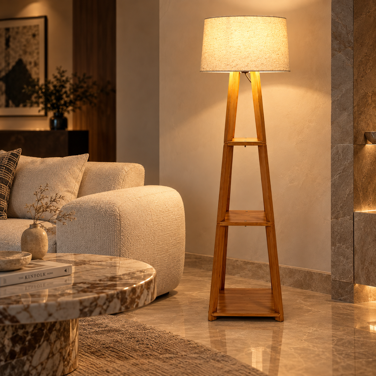 Vedika Teakwood Floor Lamp | Beige Jute Drum Shade | Wooden Standing Light for Living Room & Bedroom