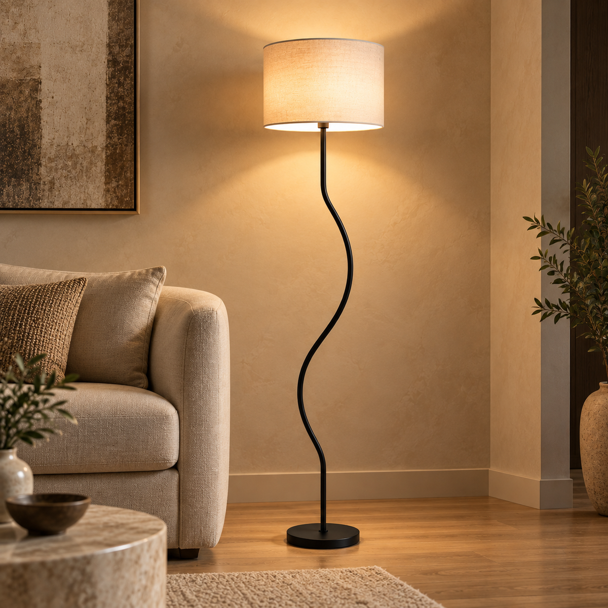 Eisara Jute Glow Floor Lamp | White Jute & Solid Wood Standing Lamp | Living Room Floor Light