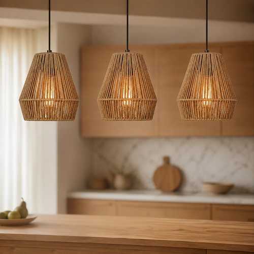 Handmade Rattan & Raffia Pendant Light – Natural Bell Ceiling Lamp