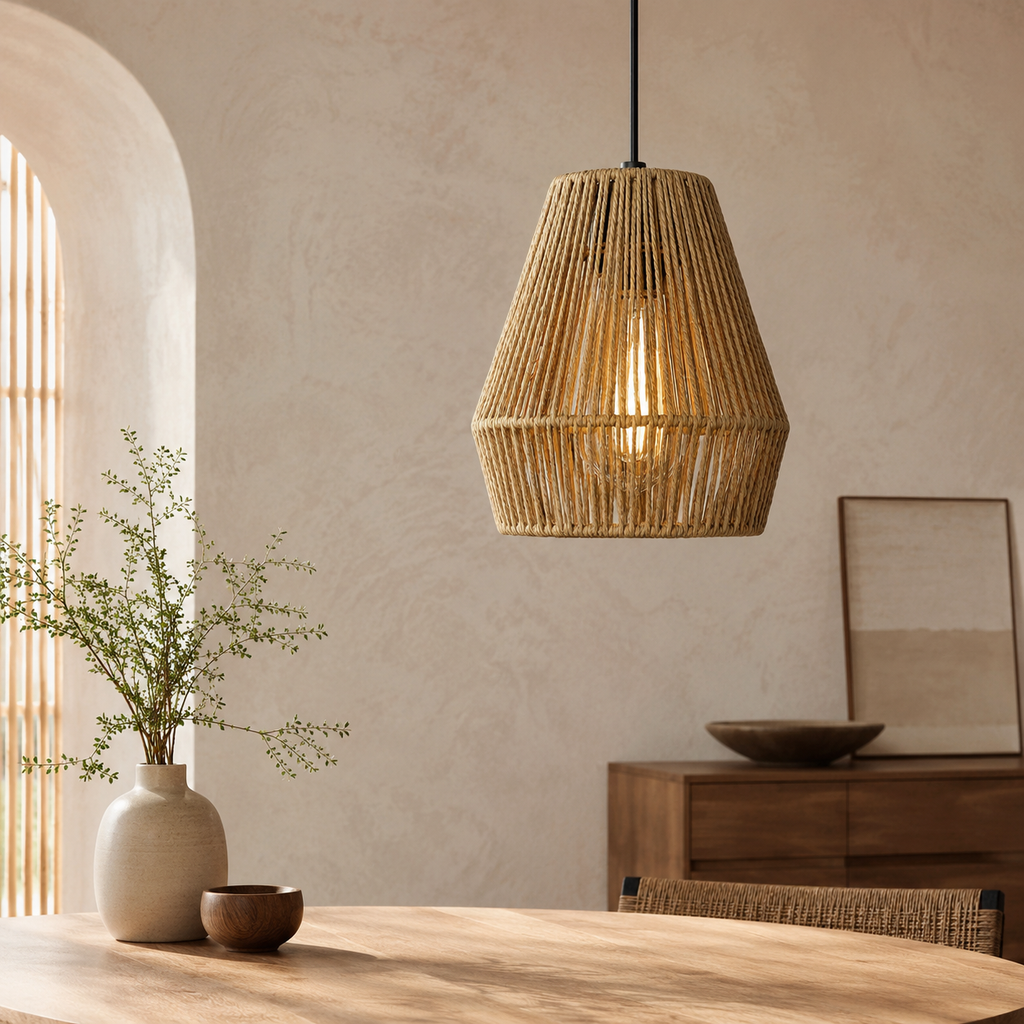 Handmade Rattan & Raffia Pendant Light – Natural Bell Ceiling Lamp