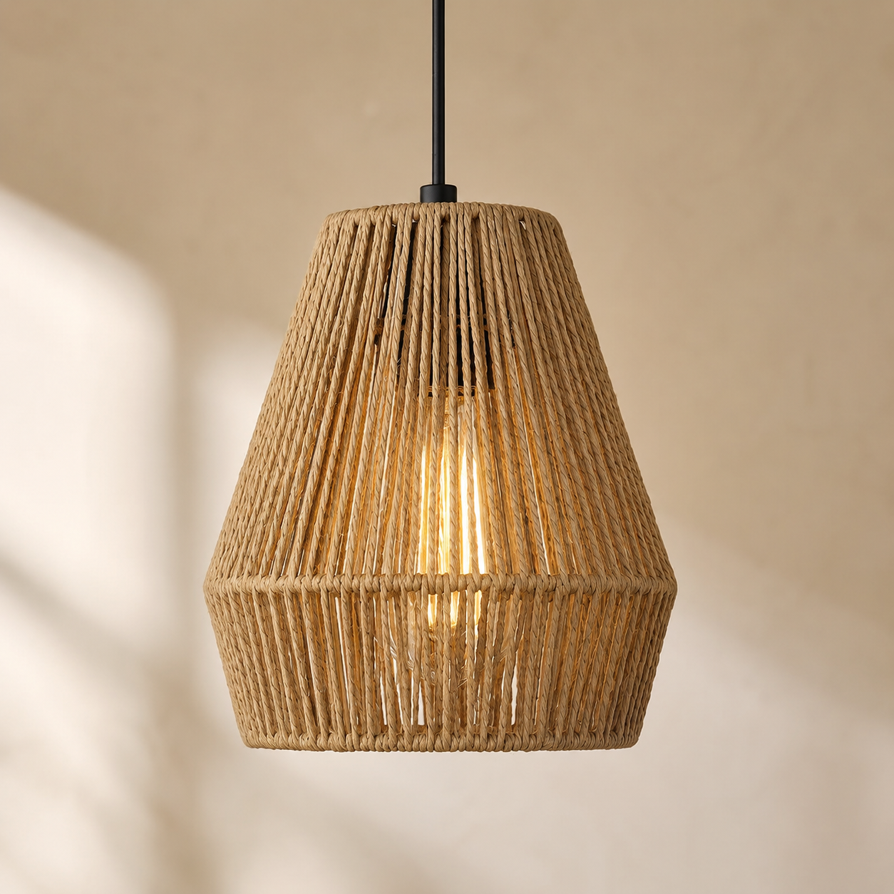 Handmade Rattan & Raffia Pendant Light – Natural Bell Ceiling Lamp