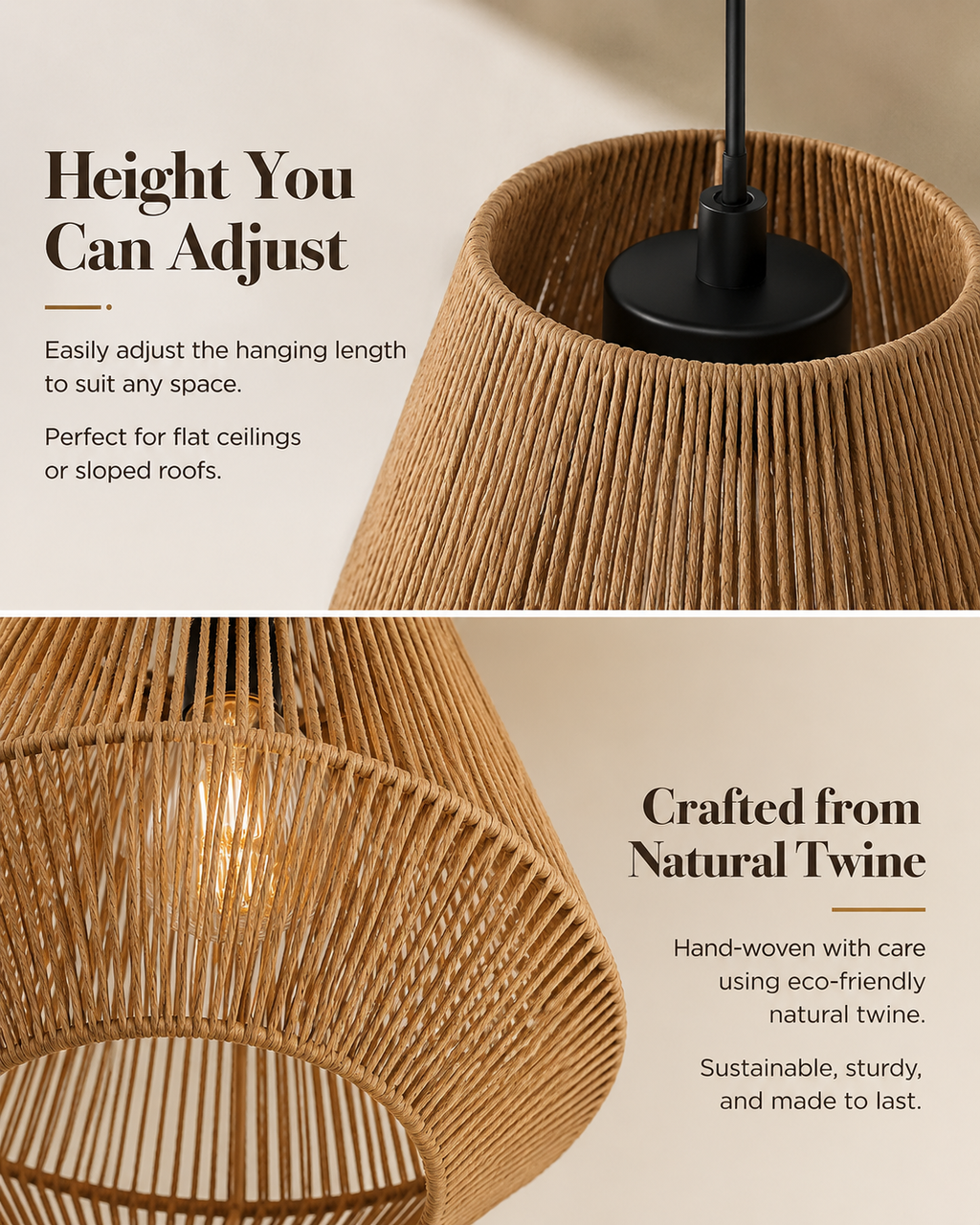 Handmade Rattan & Raffia Pendant Light – Natural Bell Ceiling Lamp