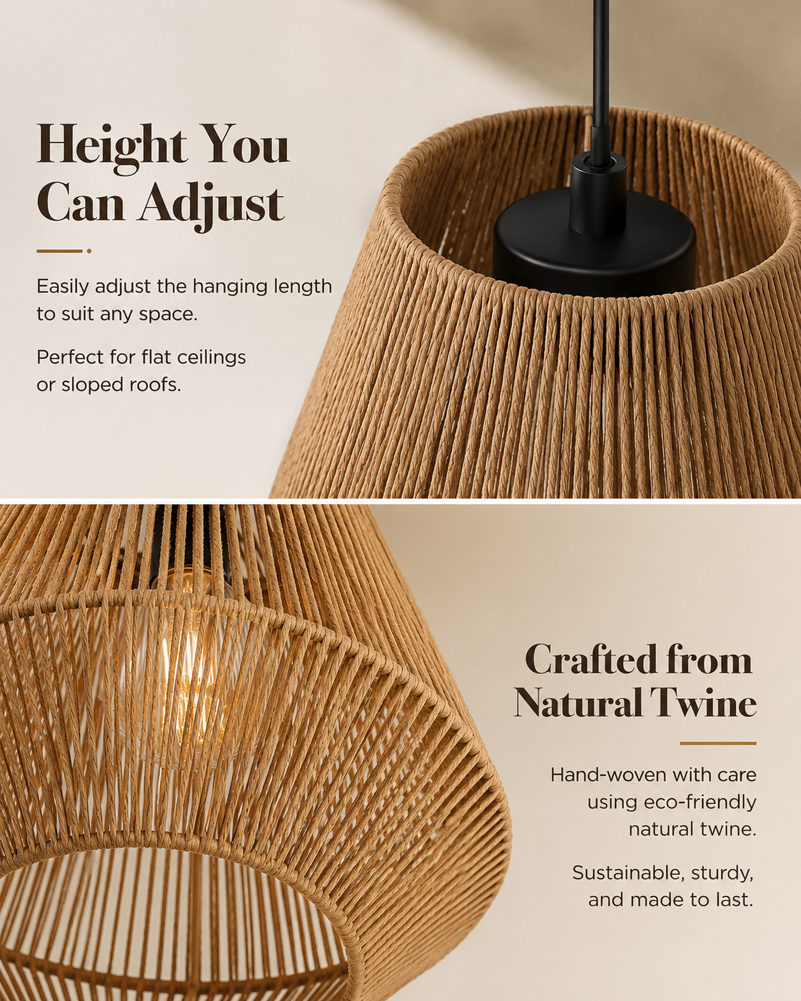 Handmade Rattan & Raffia Pendant Light – Natural Bell Ceiling Lamp