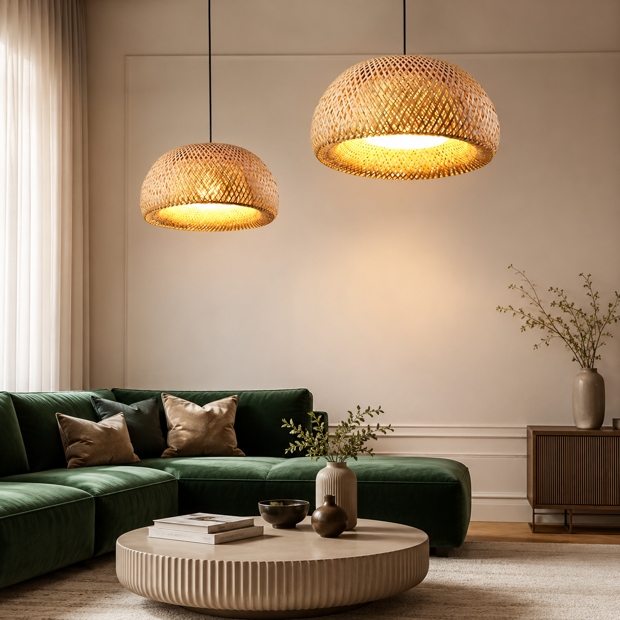 Handwoven Bamboo & Rattan Pendant Light – Boho Ceiling Lamp with E27 Holder