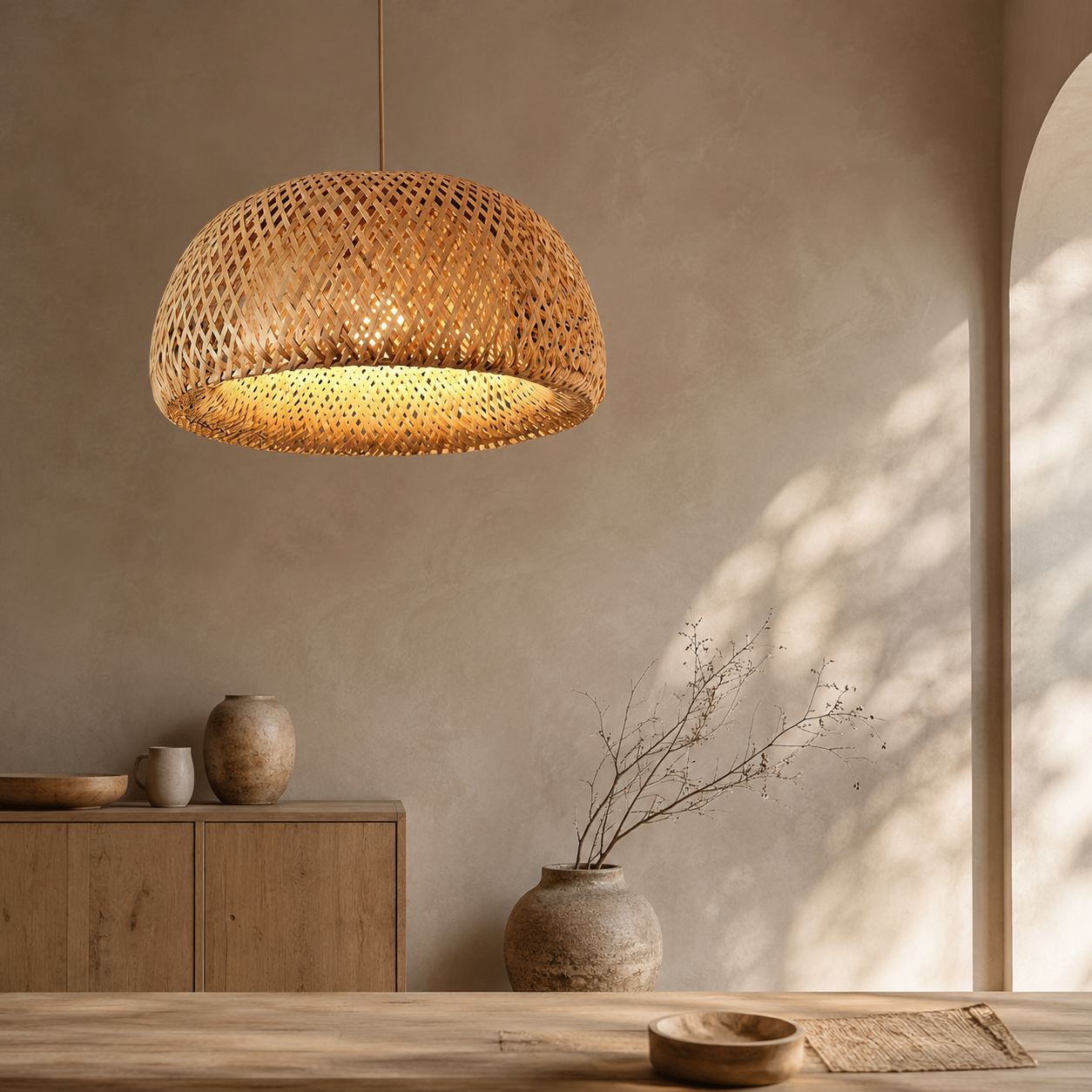 Handwoven Bamboo & Rattan Pendant Light – Boho Ceiling Lamp with E27 Holder