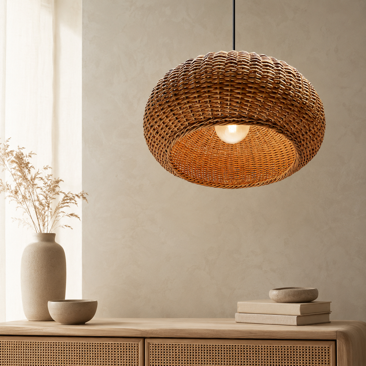 Handcrafted Rattan Wall Lamp | Bamboo & Cane Wall Sconce | Boho Ambient Lighting for Bedroom, Living Room & Hallway