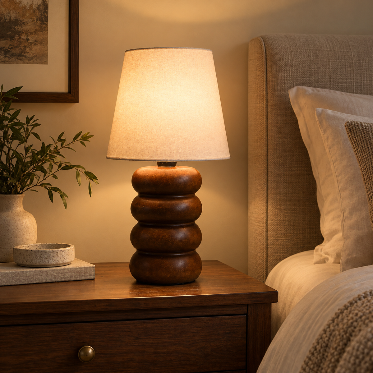 Aranya Woodcrest Table Lamp | Wooden Table Light with Linen Shade | Warm Ambient Lighting