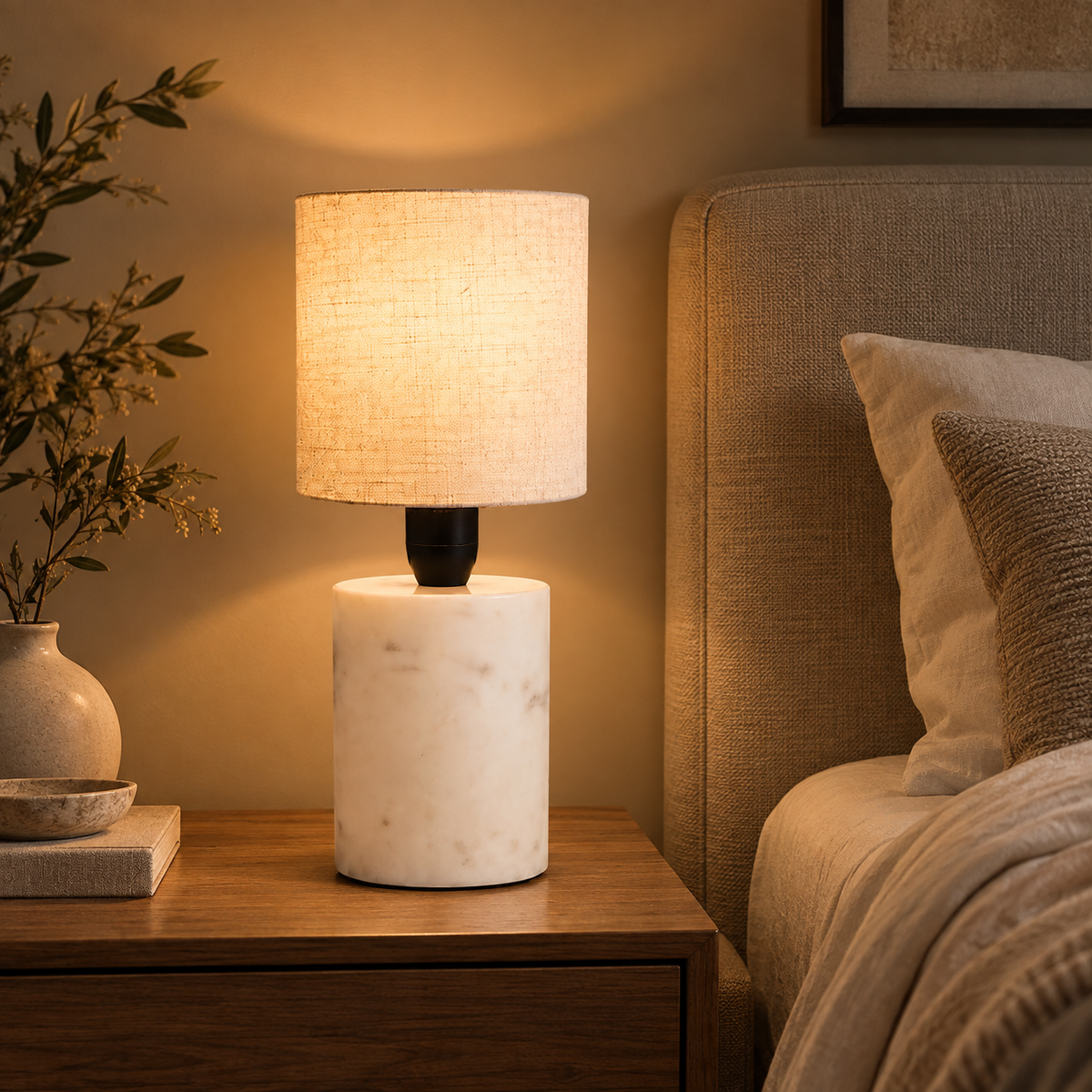 Aurevia Marble Table Lamp | Textured Linen Shade | Modern Bedside & Ambient Light