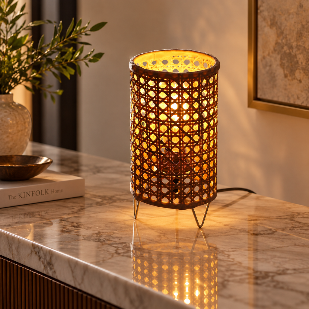 Saanvi Rattan Weave Table Lamp | Handmade Bamboo & Cane Light | Scandinavian Boho Home Decor