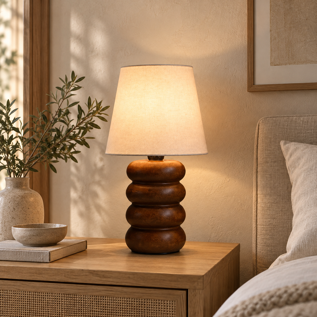 Aranya Woodcrest Table Lamp | Wooden Table Light with Linen Shade | Warm Ambient Lighting