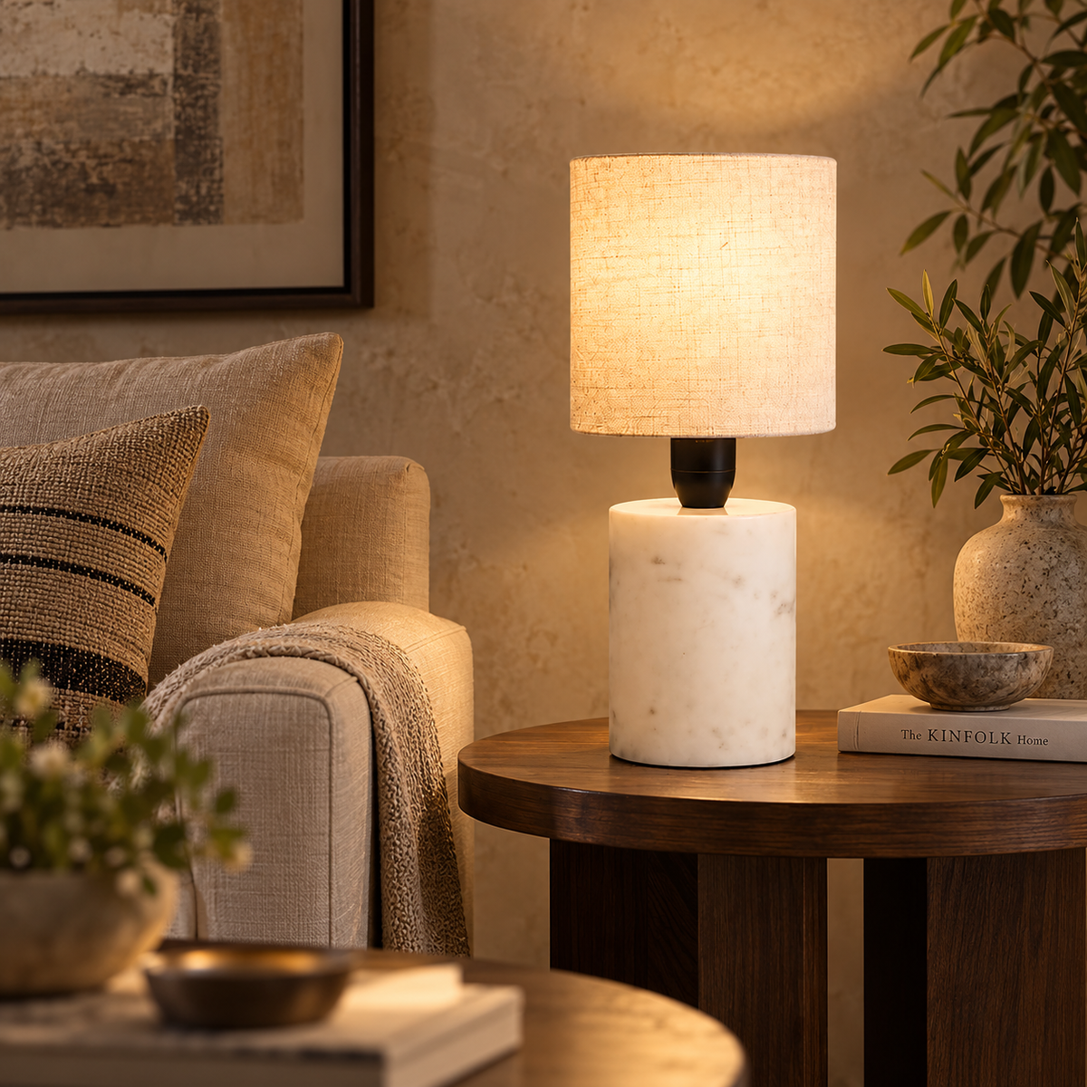 Aurevia Marble Table Lamp | Textured Linen Shade | Modern Bedside & Ambient Light