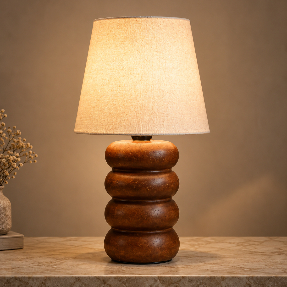 Aranya Woodcrest Table Lamp | Wooden Table Light with Linen Shade | Warm Ambient Lighting