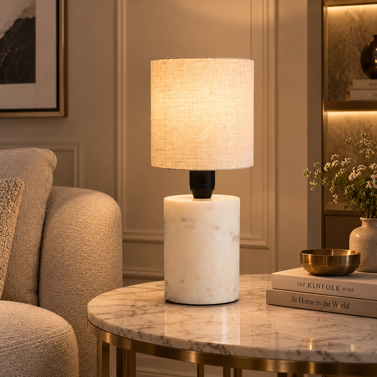 Aurevia Marble Table Lamp | Textured Linen Shade | Modern Bedside & Ambient Light